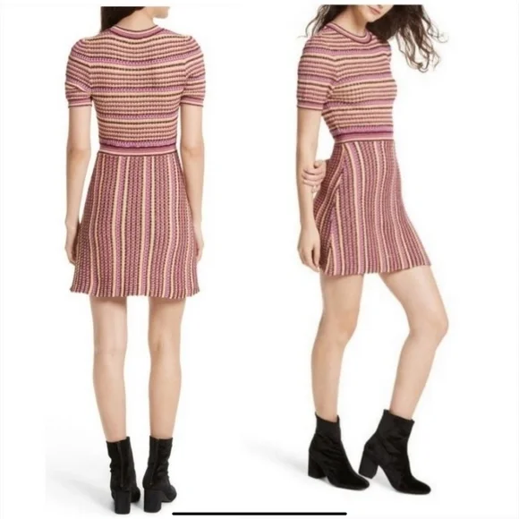 NEW FREE PEOPLE Into You  Shimmer Mini SweaterDress Pink Metallic Retro Stripe - Picture 2 of 16
